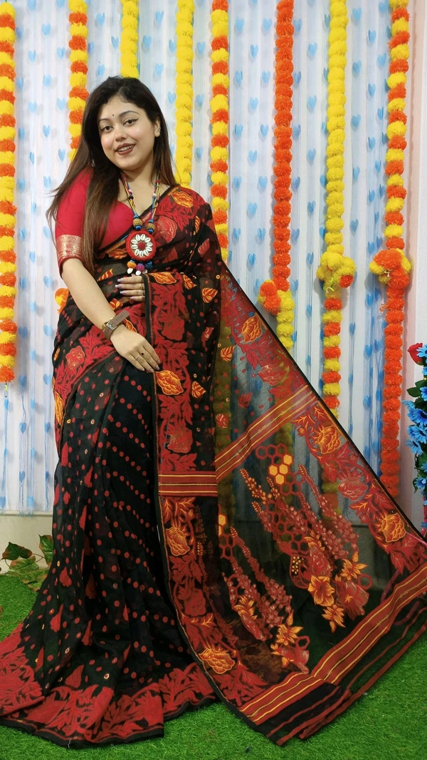 Handloom Soft Traditional Jamdani  - Black