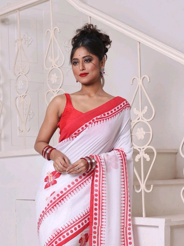 Floral Hand Block Cotton Saree With Red BP - White