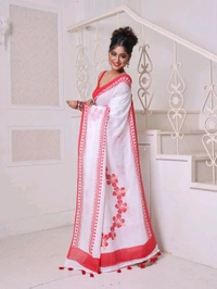 Floral Hand Block Cotton Saree With Red BP - White