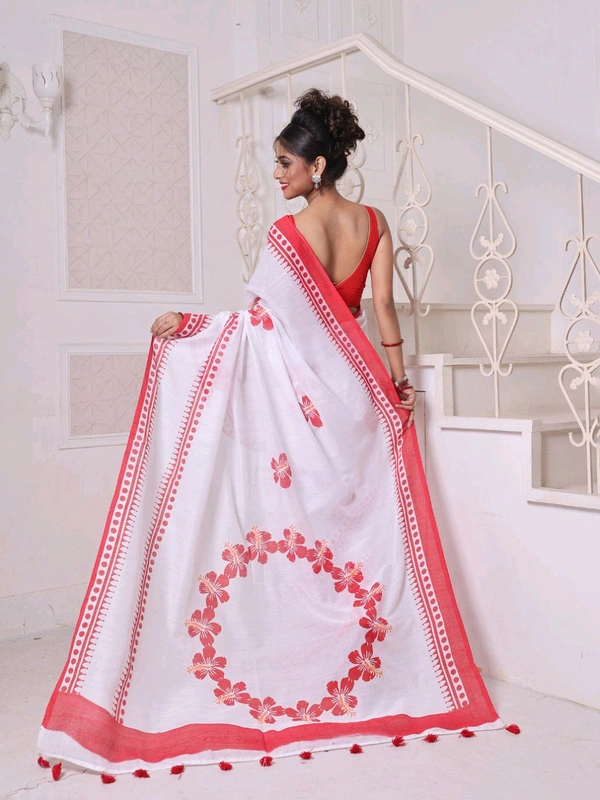 Floral Hand Block Cotton Saree With Red BP - White