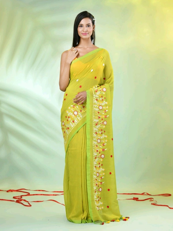 Handloom Floral Embroidered Saree - Olive