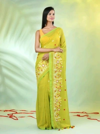 Handloom Floral Embroidered Saree - Olive