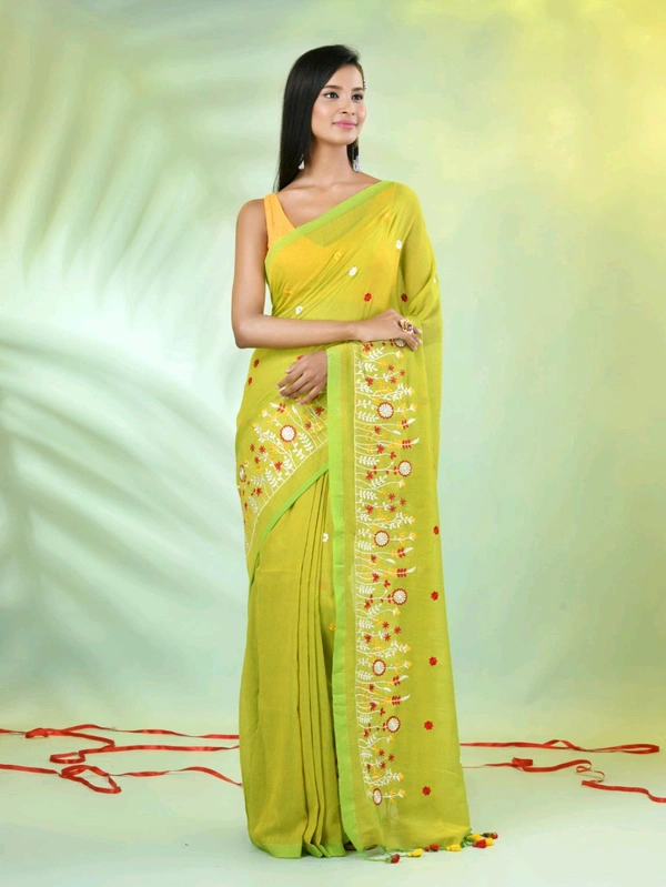 Handloom Floral Embroidered Saree - Olive