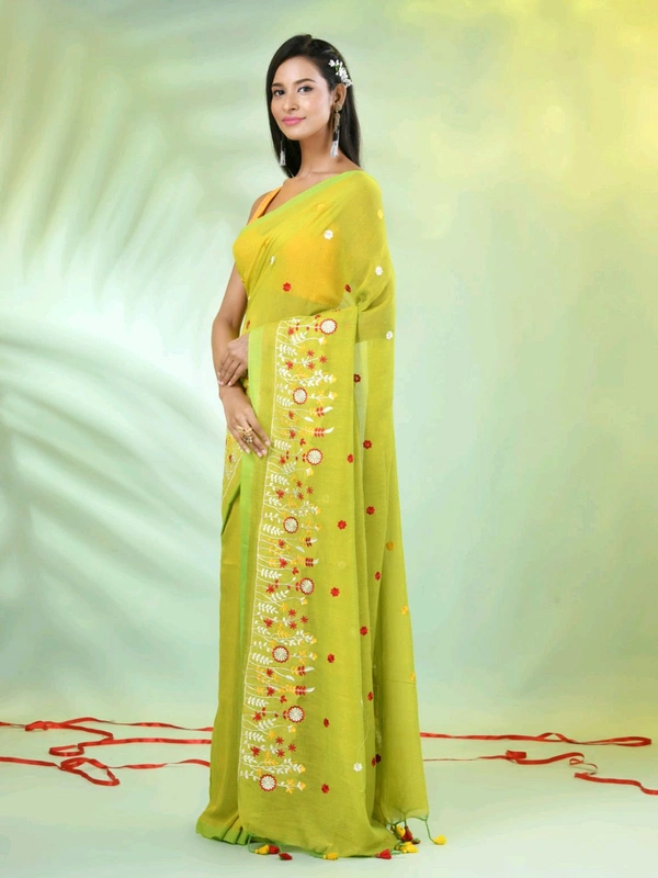 Handloom Floral Embroidered Saree - Olive