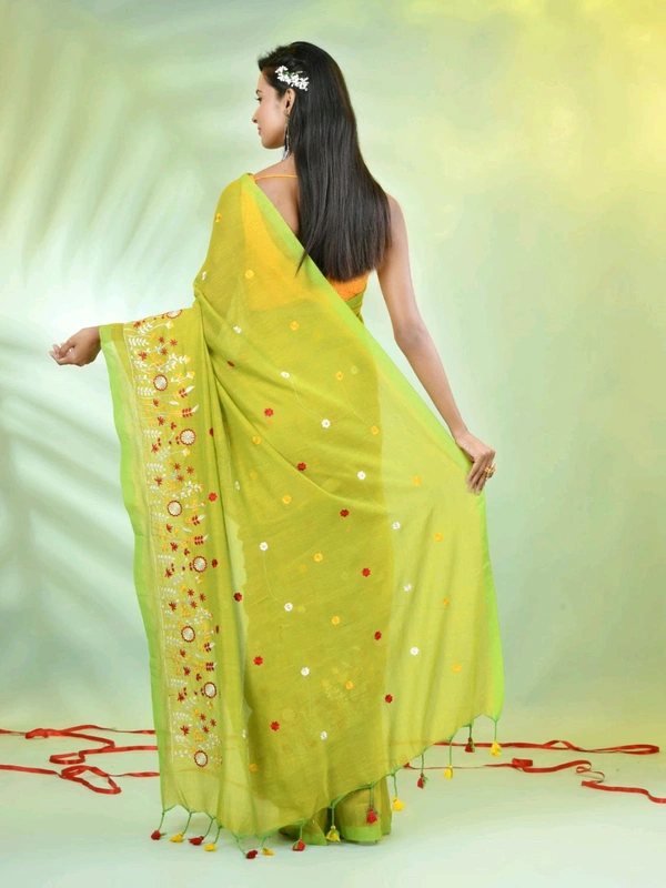 Handloom Floral Embroidered Saree - Olive
