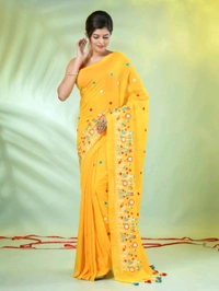 Handloom Floral Embroidered Saree - Yellow