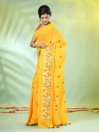 Handloom Floral Embroidered Saree - Yellow