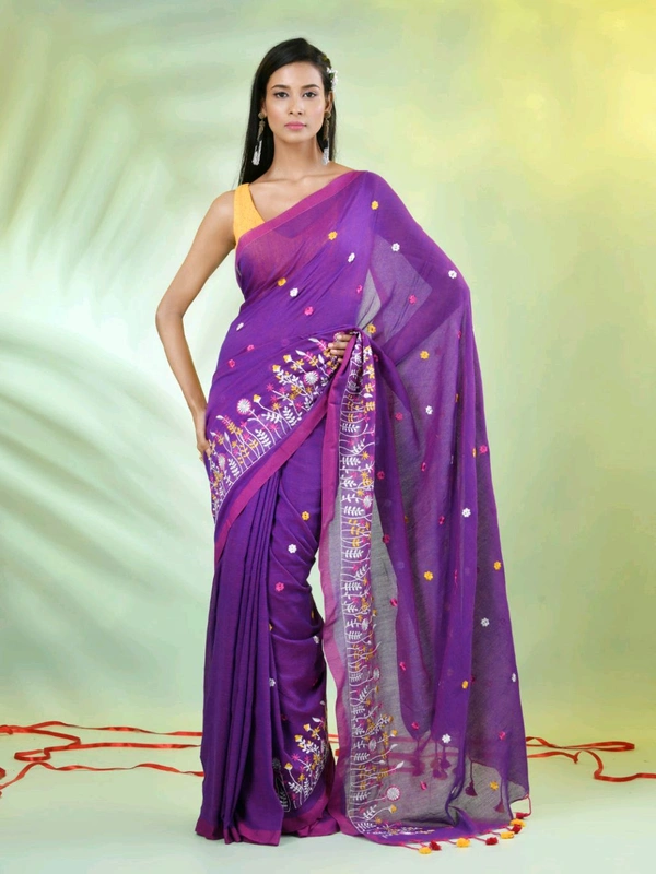 Handloom Floral Embroidered Saree - Purple