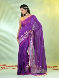 Handloom Floral Embroidered Saree - Purple