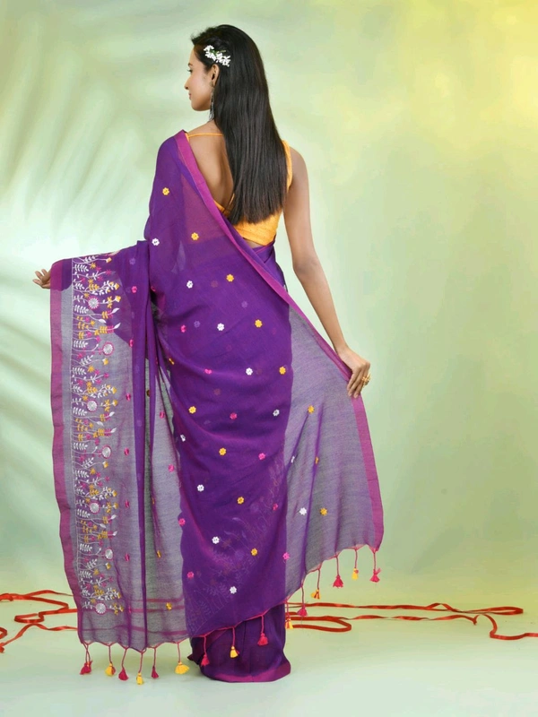Handloom Floral Embroidered Saree - Purple