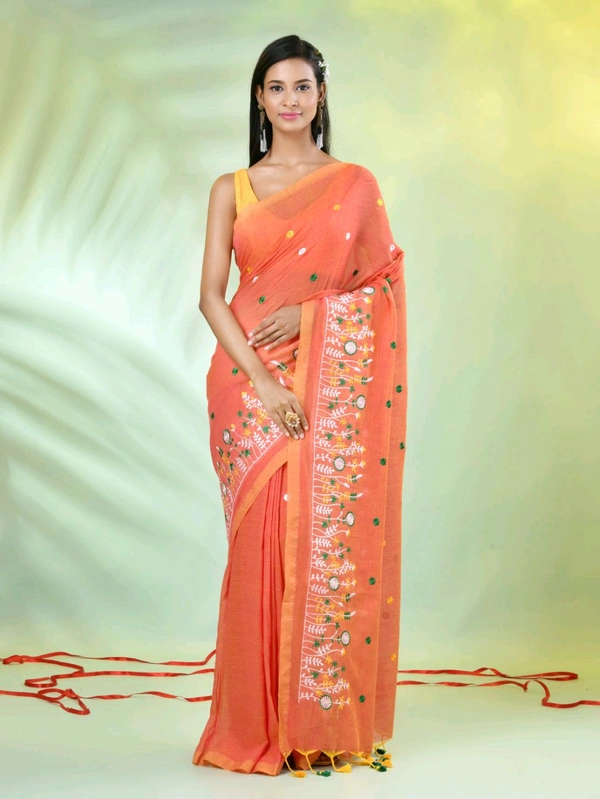 Handloom Floral Embroidered Saree - Orange