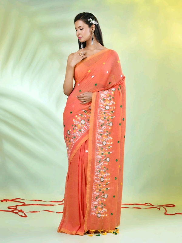 Handloom Floral Embroidered Saree - Orange