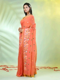 Handloom Floral Embroidered Saree - Orange