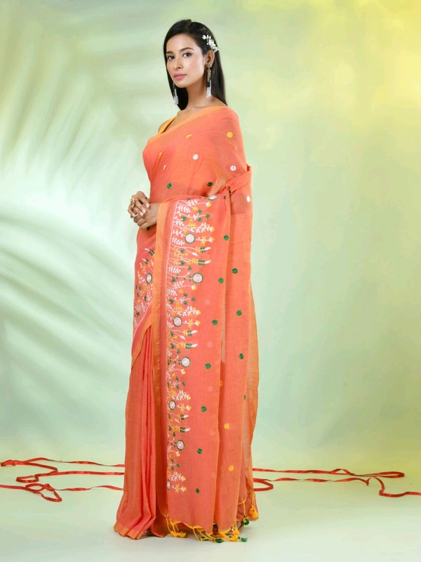 Handloom Floral Embroidered Saree - Orange