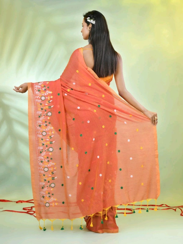 Handloom Floral Embroidered Saree - Orange