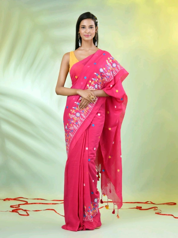 Handloom Floral Embroidered Saree - Maroon