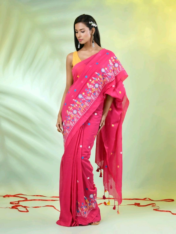 Handloom Floral Embroidered Saree - Maroon