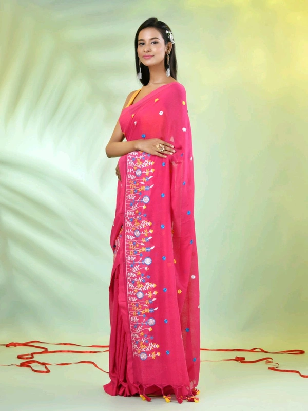 Handloom Floral Embroidered Saree - Maroon
