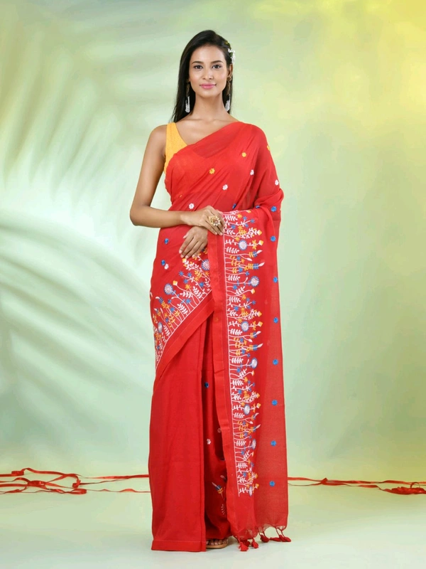 Handloom Floral Embroidered Saree - Red