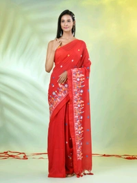 Handloom Floral Embroidered Saree - Red