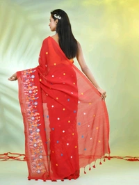 Handloom Floral Embroidered Saree - Red