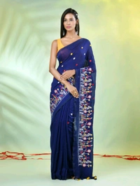 Handloom Floral Embroidered Saree - Navy Blue