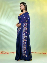 Handloom Floral Embroidered Saree - Navy Blue