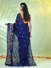 Handloom Floral Embroidered Saree - Navy Blue