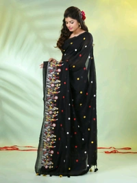 Handloom Floral Embroidered Saree - Black