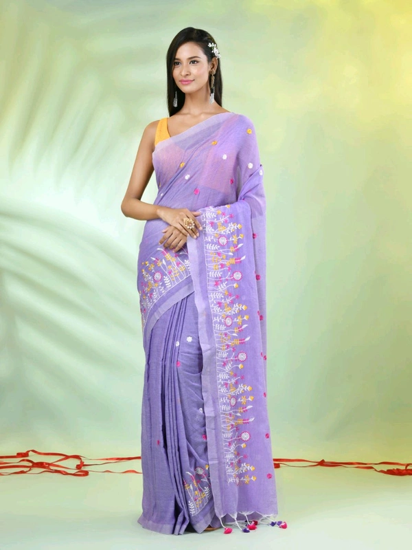 Handloom Floral Embroidered Saree - Mauve
