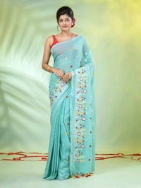 Handloom Floral Embroidered Saree - Turquoise