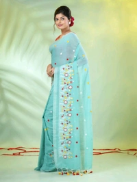 Handloom Floral Embroidered Saree - Turquoise