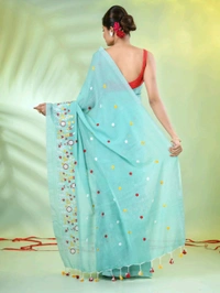 Handloom Floral Embroidered Saree - Turquoise
