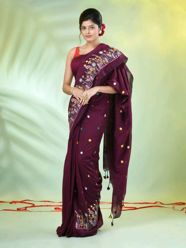 Handloom Floral Embroidered Saree - Dark Maroon