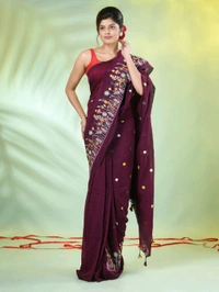 Handloom Floral Embroidered Saree - Dark Maroon