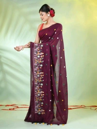 Handloom Floral Embroidered Saree - Dark Maroon
