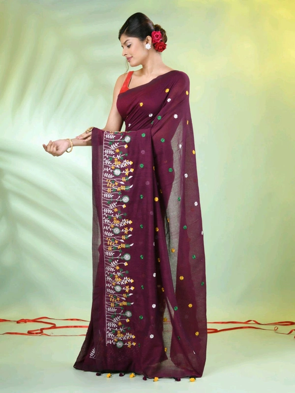 Handloom Floral Embroidered Saree - Dark Maroon
