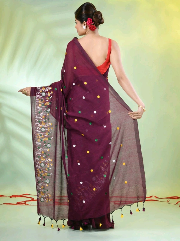 Handloom Floral Embroidered Saree - Dark Maroon