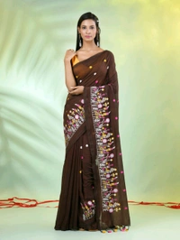 Handloom Floral Embroidered Saree - Brown