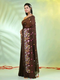 Handloom Floral Embroidered Saree - Brown