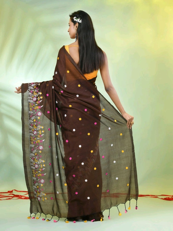Handloom Floral Embroidered Saree - Brown