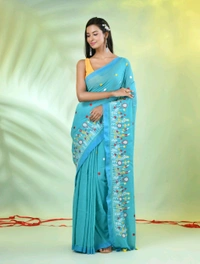 Handloom Floral Embroidered Saree - Aqua