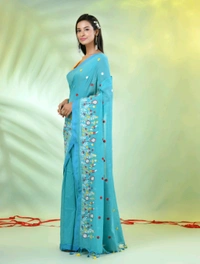 Handloom Floral Embroidered Saree - Aqua