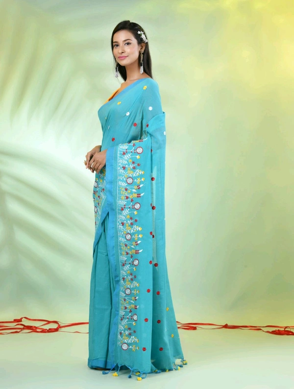 Handloom Floral Embroidered Saree - Aqua