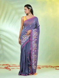 Handloom Floral Embroidered Saree - Lavender