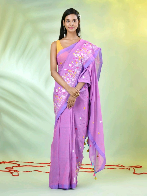 Handloom Floral Embroidered Saree - Pink