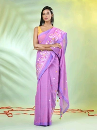 Handloom Floral Embroidered Saree - Pink