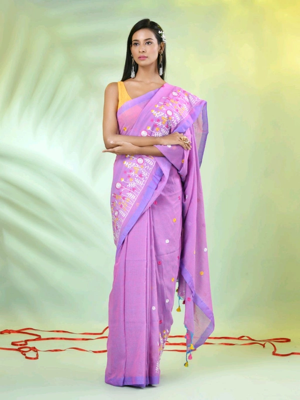 Handloom Floral Embroidered Saree - Pink