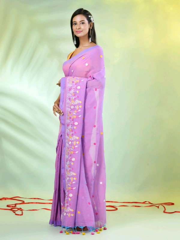 Handloom Floral Embroidered Saree - Pink