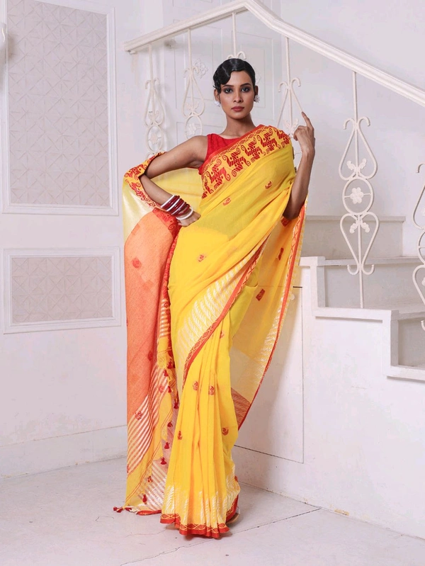 Swastik Woven Border Cotton Saree  - Yellow